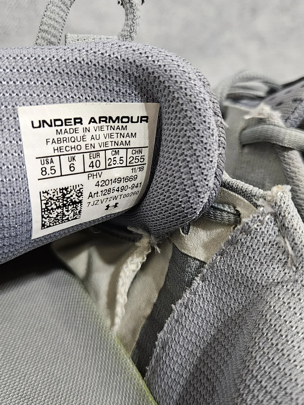 Under Armour Threadborne Slingflex Overcast Grey Athletic Shoes Women's Size 8.5